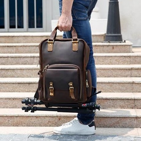 Gotham Premium Leather Backpack for Photographers – Spacious Camera Bag with Tripod Holder