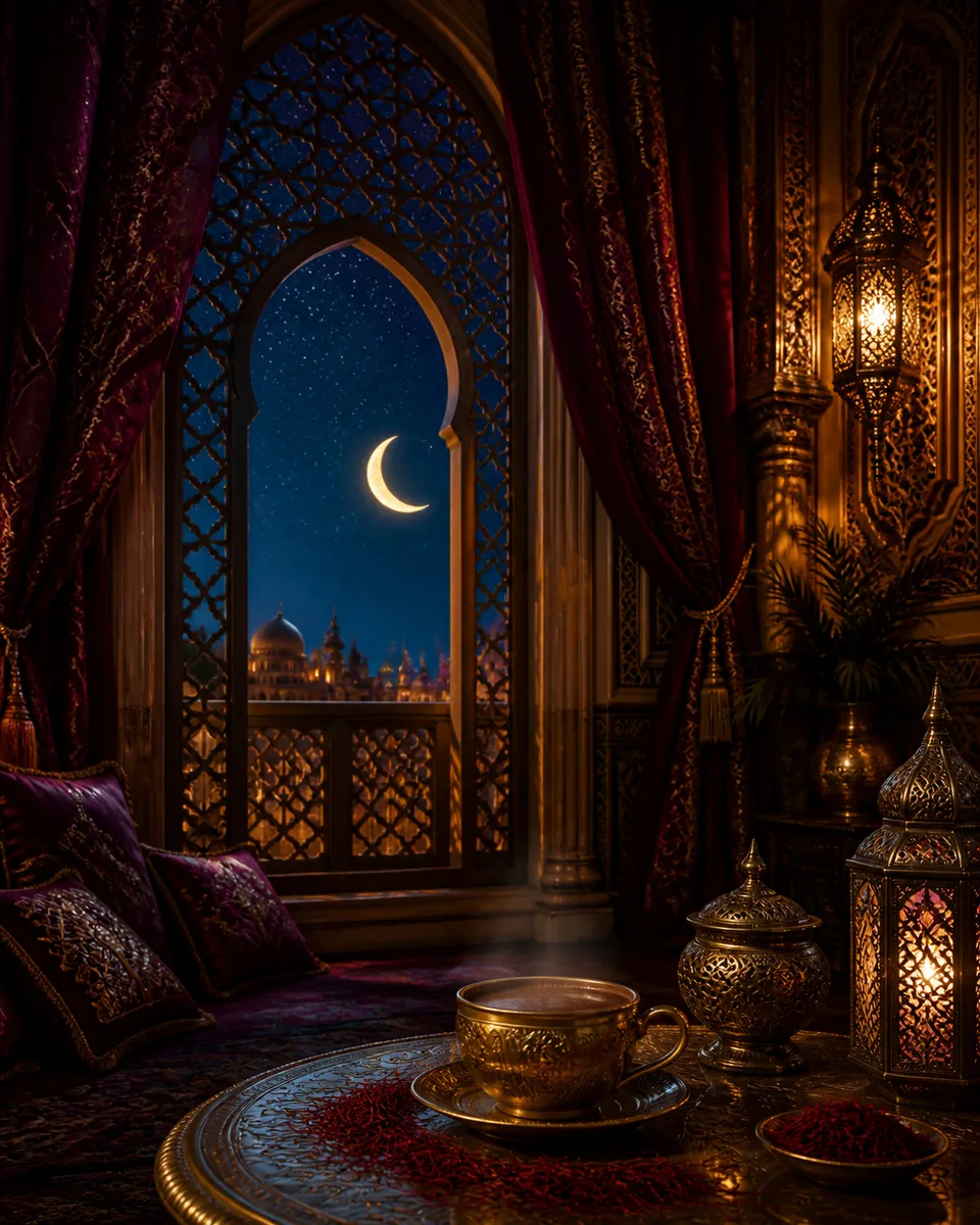 A moonlit palace chamber with silk curtains, brass lanterns, and a steaming golden cup scattered with saffron threads