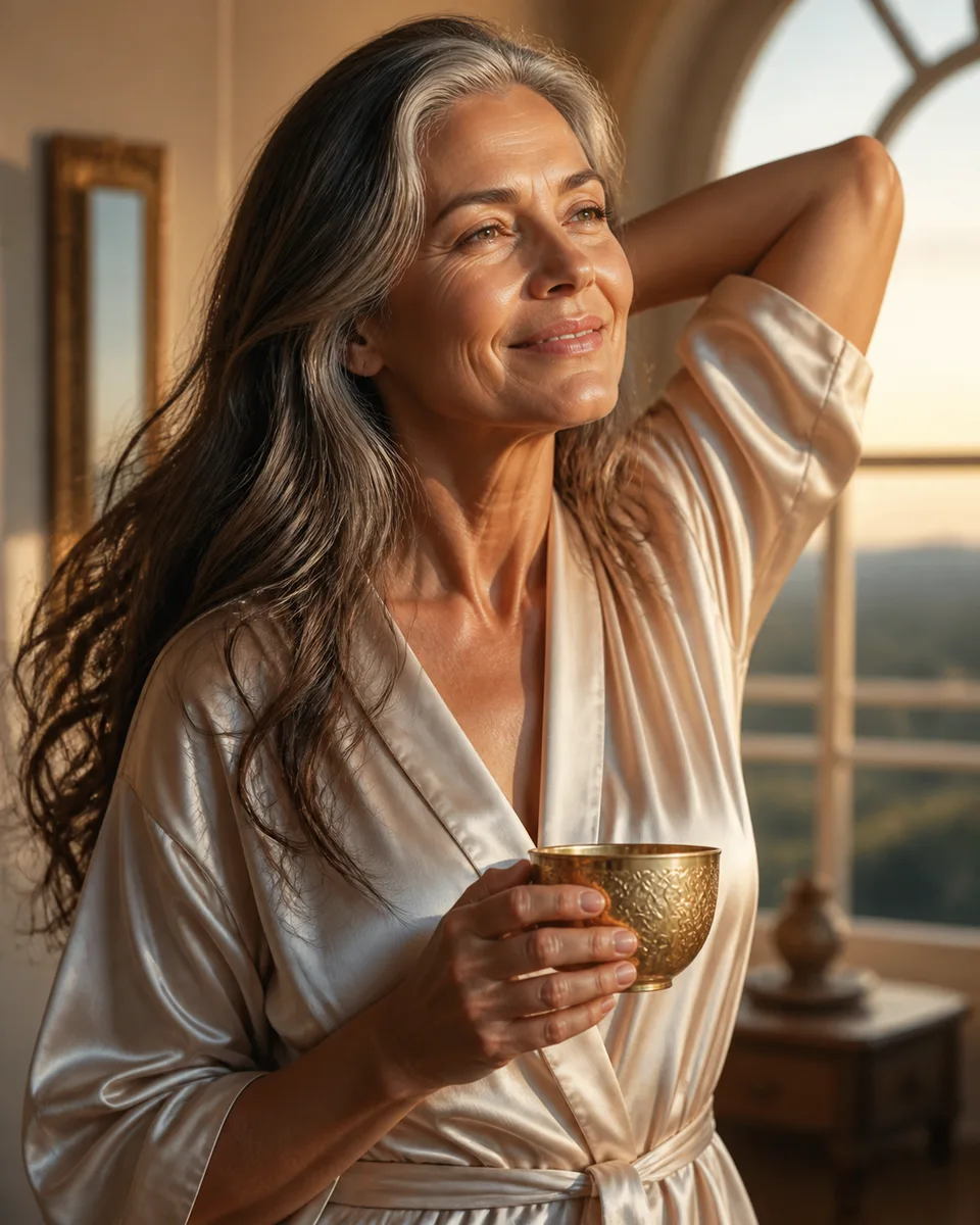 A radiant woman greeting the morning light with an empty golden cup