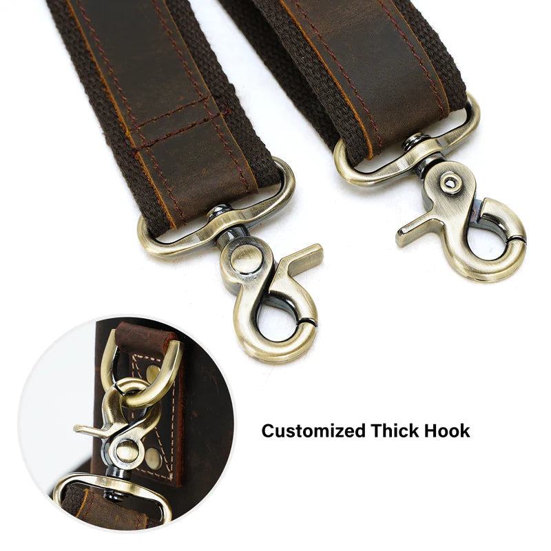 Premium Adjustable Full Grain Leather Shoulder Strap with Sturdy Metal Hooks