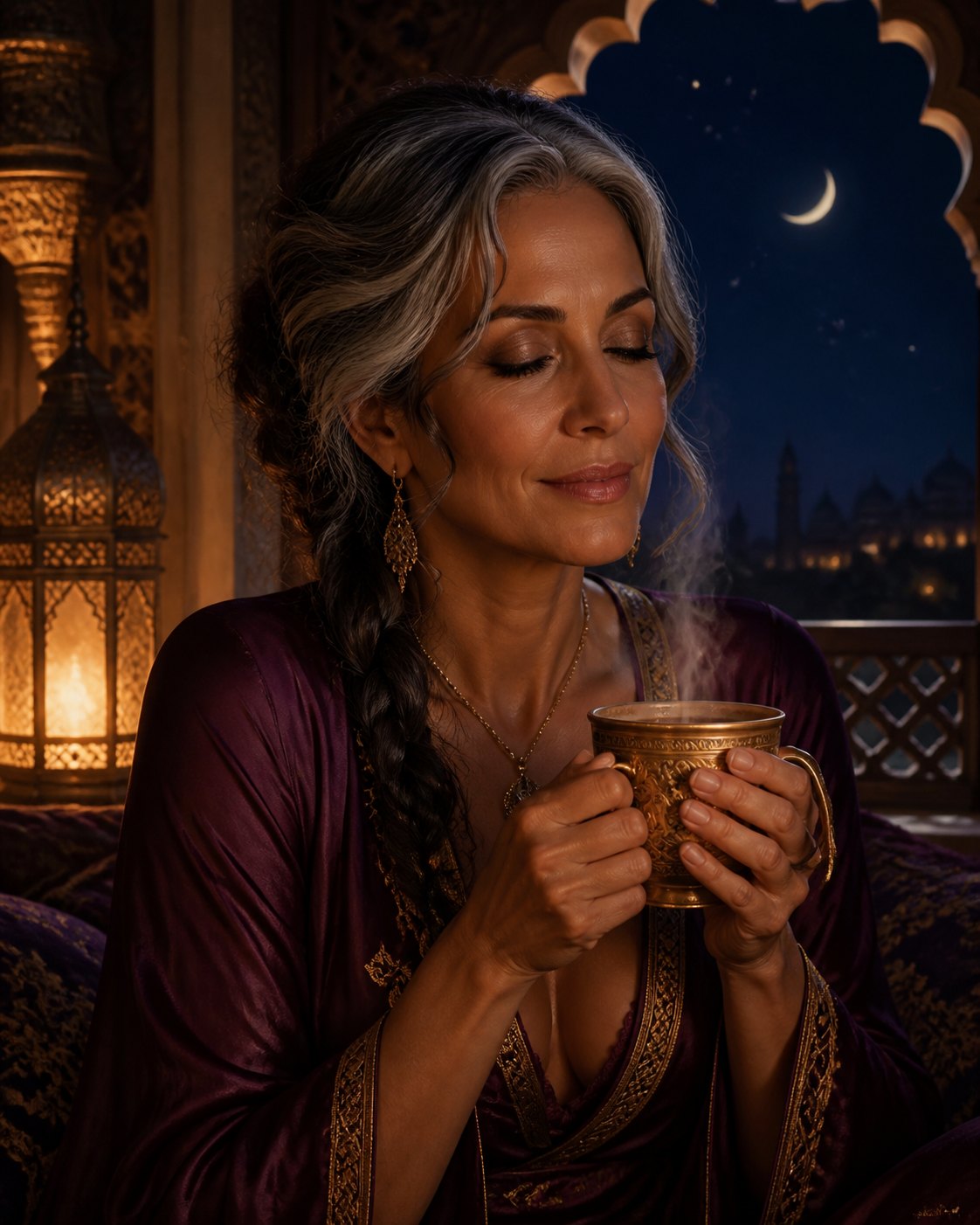 Woman in silk robe cradling a golden cup beneath a crescent moon